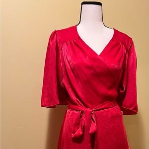 Beautiful red flounce sleeve, wrap front maxi dress